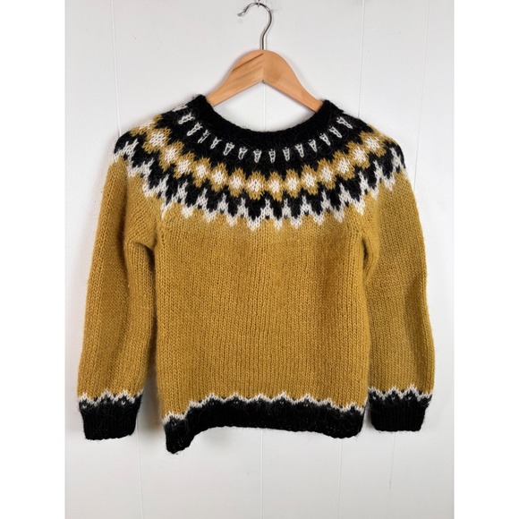 Hand Knit Fair Isle Sweater Alpaca Blend Womens Gold Black White Knit XS - Picture 1 of 8
